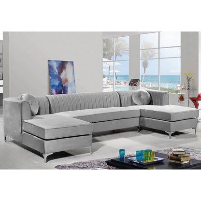 An Image of Asbury U-Shape Plush Velvet Corner Sofa In Silver