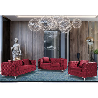 An Image of Mills Malta Plush Velour Fabric Sofa Suite In Red