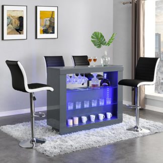 An Image of Fiesta Grey High Gloss Bar Table With 4 Ritz Black White Stools