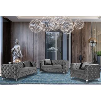 An Image of Mills Malta Plush Velour Fabric Sofa Suite In Grey