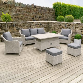 An Image of Corsica Garden Sofa Set With Rising Table in Stone Grey Weave and Grey Fabric