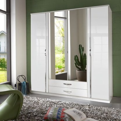 An Image of Luton Mirror Wardrobe In High Gloss White With 4 Doors