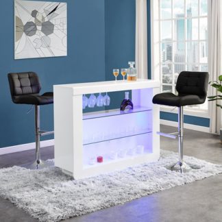 An Image of Fiesta White High Gloss Bar Table With 2 Candid Black Stools