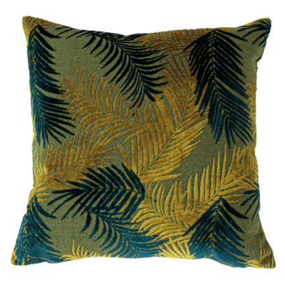 An Image of Palm Gold and Teal Cushion