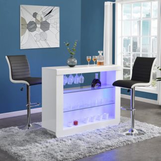 An Image of Fiesta White High Gloss Bar Table With 2 Ritz Black White Stools