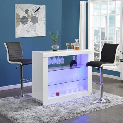 6f9725283a8cf9129ae73064c31302a926f21fe4d47f317671c38ccaa0ed52c5.jpg An Image of Fiesta White High Gloss Bar Table With 2 Ritz Black White Stools