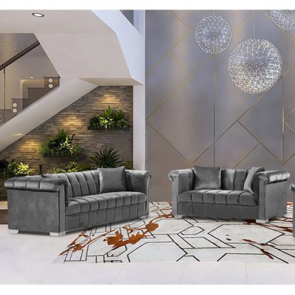 783315db90050cc5e6f854b9fb6a3f7f3a8cf90543aaed95c5a526b7760cc737.jpg An Image of Kenosha Velour Fabric 2 Seater And 3 Seater Sofa In Grey
