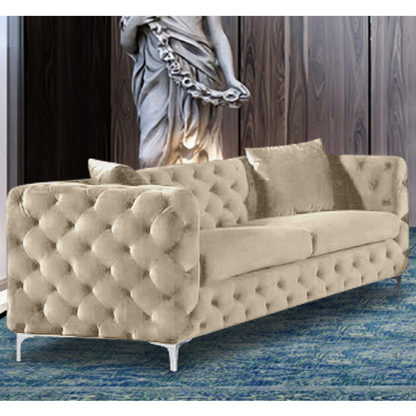 An Image of Mills Malta Plush Velour Fabric 3 Seater Sofa In Cream