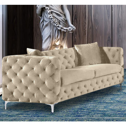 7bff96b8b11759d07434c617d400f4229b6077474c57de305514b2aaa1408013.jpg An Image of Mills Malta Plush Velour Fabric 3 Seater Sofa In Cream