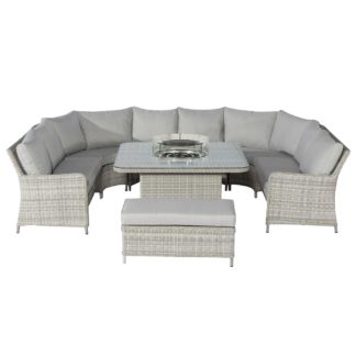 An Image of Hathaway Royal U-Shaped Garden Sofa Set with Fire Pit in Light Grey Weave and Grey Fabric