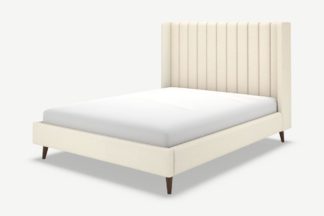 An Image of Cory Double Bed, Ivory White Boucle with Walnut Stain Oak Legs