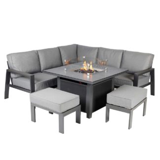 An Image of Rio Garden Corner Set with Fire Pit in Charcoal Grey Frame with Slate Grey Cushions