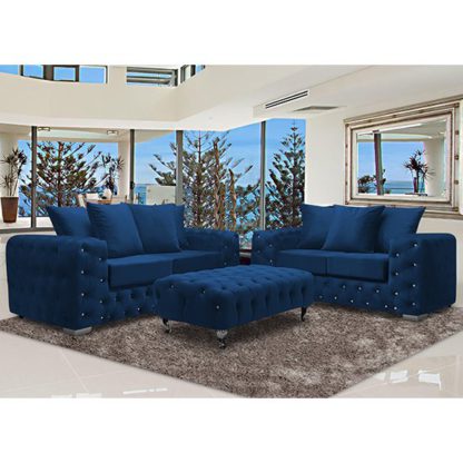 An Image of Worley Velour Fabric 2 Seater And 3 Seater Sofa In Navy