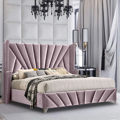 An Image of Pikeville Plush Velvet King Size Bed In Pink
