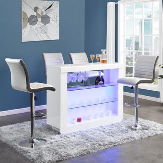 An Image of Fiesta White High Gloss Bar Table With 4 Ritz White Grey Stools