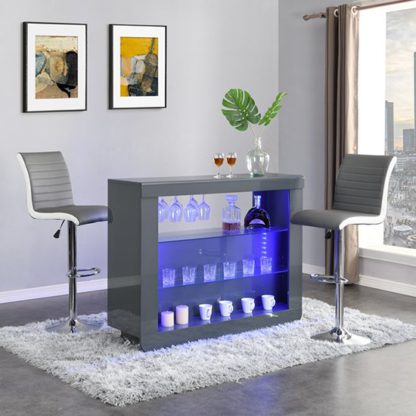 An Image of Fiesta Grey High Gloss Bar Table With 2 Ritz Grey White Stools