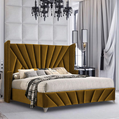 An Image of Pikeville Plush Velvet Double Bed In Mustard