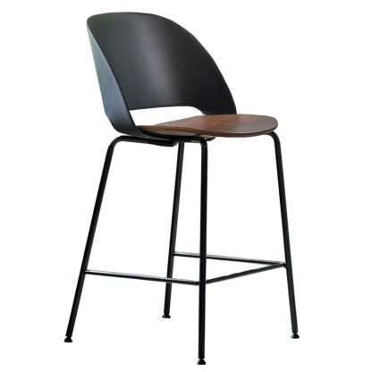 An Image of Bontempi Polo Barstool, Glossy Black Frame, Black Back and Walnut Seat