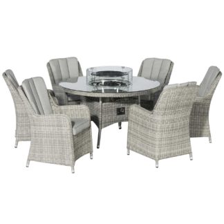 An Image of Hathaway 6 Seat Round Garden Dining Set in Light Grey Weave and Grey Fabric