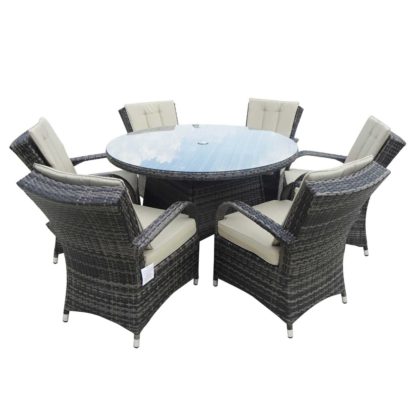 An Image of Grasmere 6 Seat Round Garden Set in Brown Weave and Beige Fabric