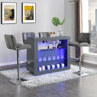 An Image of Fiesta Grey High Gloss Bar Table With 4 Candid Grey Stools