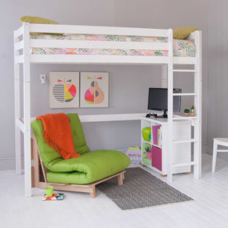 An Image of Buddy Childrens Beech Highsleeper Loft Bed With Storage Bookcase and Futon Chair Bed