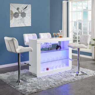 An Image of Fiesta White High Gloss Bar Table With 4 Candid White Stools
