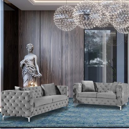 ac7724d2405fb82ddbc536451441f043622cb0e1ef0d18975d5626a5b58cb842.jpg An Image of Mills Velour Fabric 2 Seater And 3 Seater Sofa In Silver