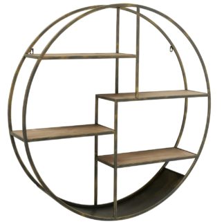 An Image of Round Wall Shelf, Antique Brass and Wood