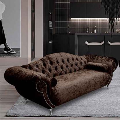 b5b05fd66c50c425bd61a73f3c859ae7aa0504f2fa0ae8a79ad070cd8ba2ee71.jpg An Image of Huron Malta Plush Velour Fabric 3 Seater Sofa In Taupe