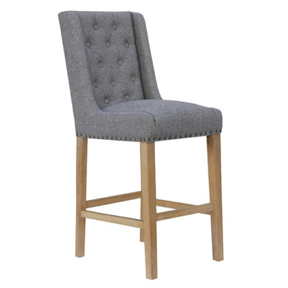 An Image of Rugeley Fabric Button Back Bar Stool In Light Grey With Studs