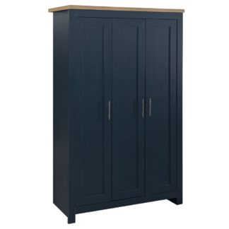 An Image of Highgate Navy Blue and Oak Wooden 3 Door Wardrobe