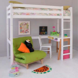 An Image of Buddy Childrens Beech Highsleeper Loft Bed With Desk and Futon Chair Bed