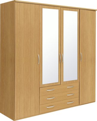 An Image of Argos Home Hallingford 4Dr 3 Drw Mirror Wardrobe -Oak Effect