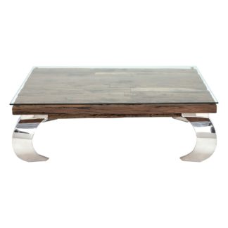 An Image of Caspian Terni Small Square Reclaimed Wood Coffee Table with Glass top