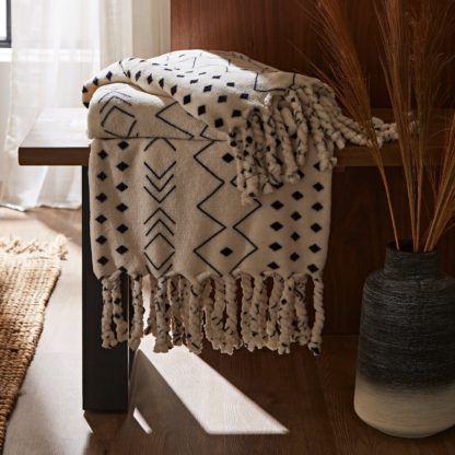 An Image of Boho Tassel Black Fleece Throw Black