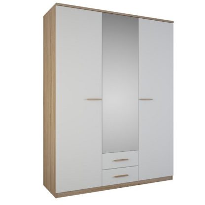 An Image of Corban Mirror Wardrobe In Brushed Oak And White Pearl