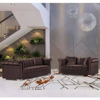 dfcef27a435e4bd5440091e4d192f567372cfadd77bcfe839915671b91603d54.jpg An Image of Kenosha Velour Fabric 2 Seater And 3 Seater Sofa In Mushroom