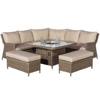 An Image of Taransay Royal Garden Corner Dining Set with Fire Pit in Natural Weave and Beige Fabric