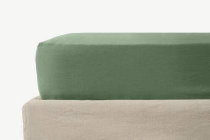 An Image of Tira Linen & Cotton Blend Fitted Sheet, Double, Sage Green