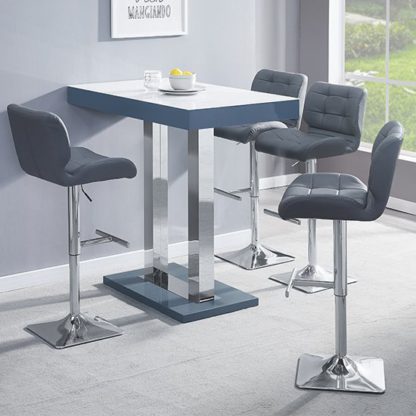 f0215f984daffc021d28f5e267265fbaae34662a0dae33850c80b96aa74febb1.jpg An Image of Caprice Grey White Gloss Bar Table With 4 Candid Grey Stools