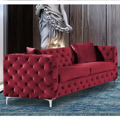 An Image of Mills Malta Plush Velour Fabric 3 Seater Sofa In Red