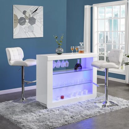 An Image of Fiesta White High Gloss Bar Table With 2 Candid White Stools