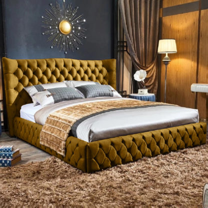 ffb443d7ddf65a336ba6e9ef484ec2f954d1851c4a5ea35a57126a0984cc4ce0.jpg An Image of Greeley Plush Velvet Single Bed In Mustard
