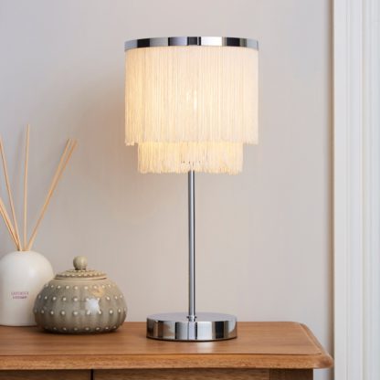 An Image of Jaz Fringe Ivory Table Lamp Cream and Silver