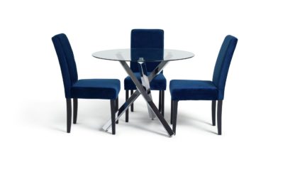 An Image of Argos Home Ava Chrome Round Table & 4 Velvet Chairs - Navy