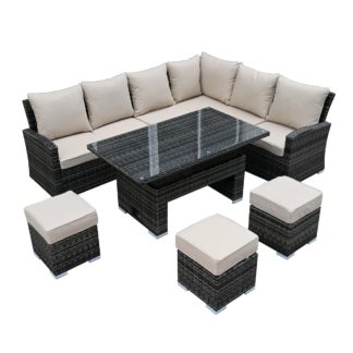 An Image of Amble Corner Garden Dining Set with Rising Table in Brown Weave and Beige Fabric