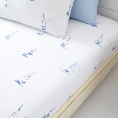 An Image of Bianca Fine Linens Sailing Boats 100% Cotton Fitted Sheet Blue