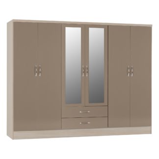 An Image of Nevada 6 Door 2 Drawer Oyster Mirrored Wardrobe Oyster (Grey)