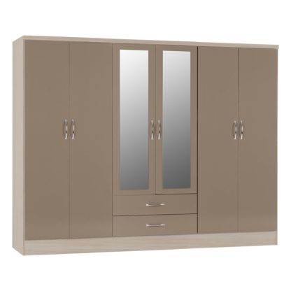 An Image of Nevada 6 Door 2 Drawer Oyster Mirrored Wardrobe Oyster (Grey)